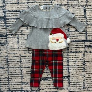 Mud Pie Girls Santa Outfit Ruffled Top and Plaid Leggings Set Size 3-6M